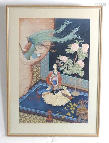 Japanese School, Oil on silk, An interior scene with a young...