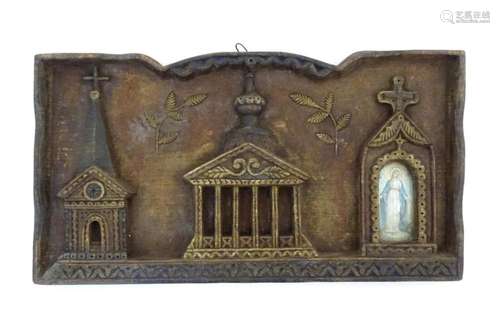 A 19thC French carved wooden souvenir tableau with traces of...