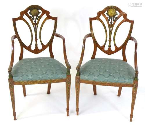 A pair of 19thC satinwood open arm chairs with hand painted ...