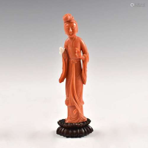 A CHINESE RED CORAL LADY STATUE ON STAND