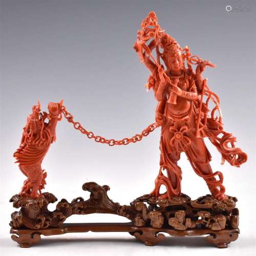 A CHINESE RED CORAL STATUE ON STAND & BOX