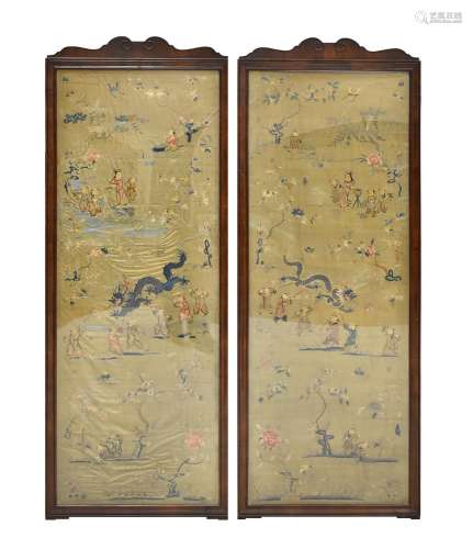 PAIR OF FRAMED CHINESE QING DRAGON SILK PANELS