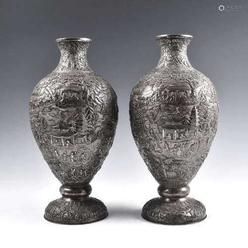 PAIR OF LARGE 19TH C CHINESE EXPORT SILVER VASES
