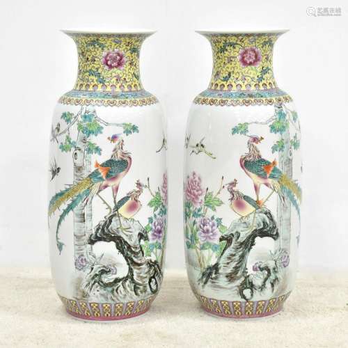 PAIR OF CHINESE FLORAL BIRD VASES