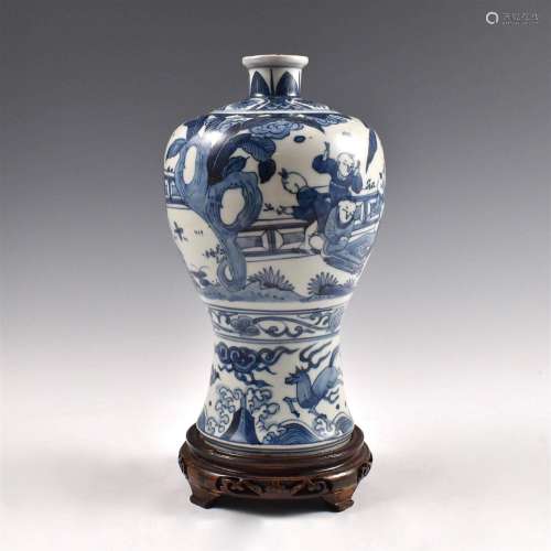 A CHINESE BLUE & WHITE PLUM JAR ON STAND