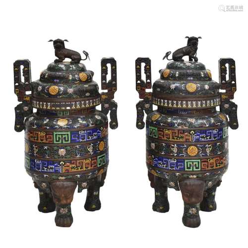 A CHINESE PAIR OF CHINESE LARGE CLOISONNE INCENSE BURNERS