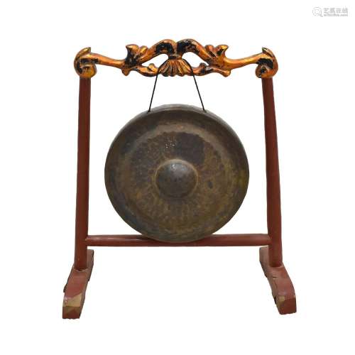 A CHINESE ANTIQUE CHIME GONG AND STAND