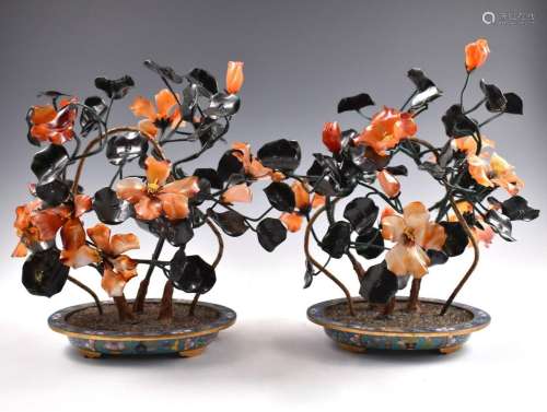 PAIR OF CHINESE CLOISONNE JADE FLOWER POT