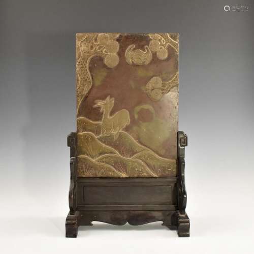 A CHINESE STONE CARVING TABLE SCREEN OF DEER & BAT