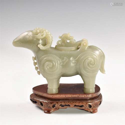A CHINESE 20TH C JADE SHEEP VESSEL ON STAND