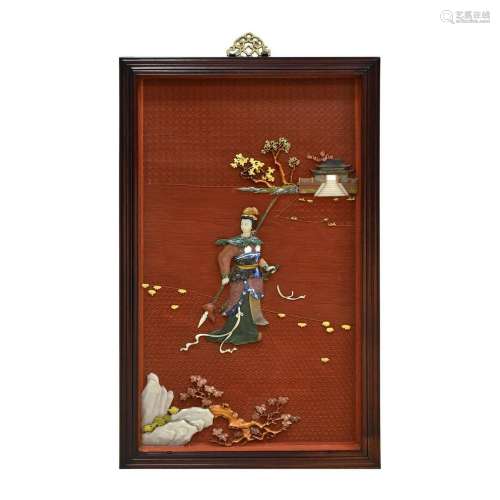 A CHINESE LACQUER & STONES INLAID LADY MOTIF
