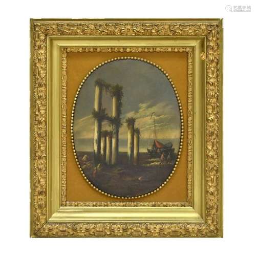 COLUMNS AND SHIP OIL PAINTING, FRAMED