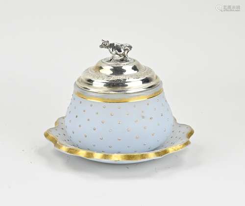 Opaline butter dish with silverware