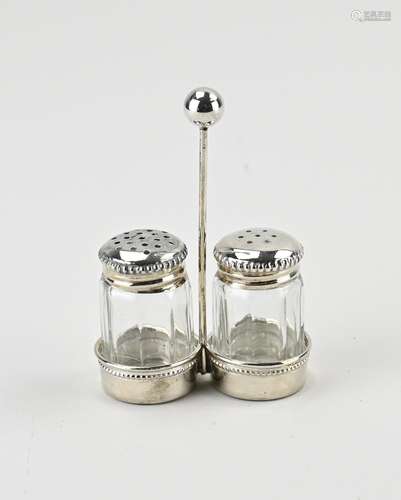 Crystal salt and pepper holder with silver