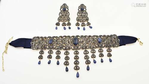 Special choker & earrings with diamond and sapphire