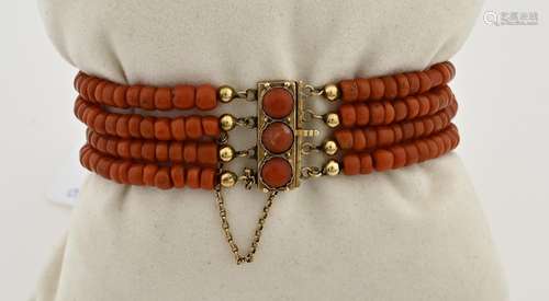 Red coral bracelet with gold clasp