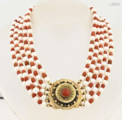 Necklace of red coral and pearl with gold regional clasp