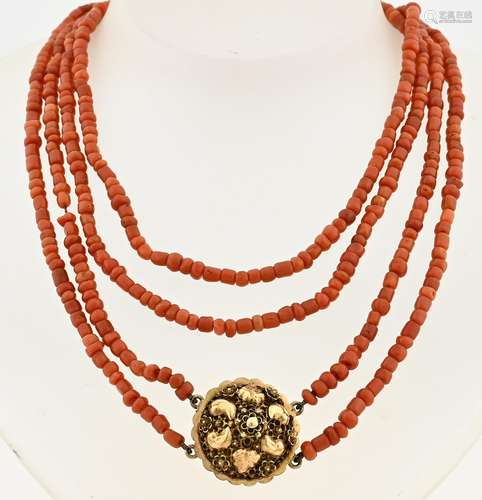 Red coral necklace with gold filigree lock