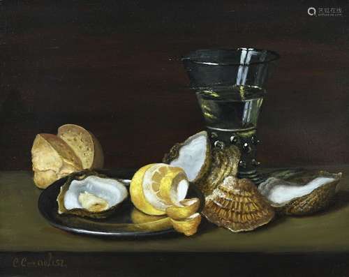 C. Cornelisz, Roemer, oysters, lemon and bread