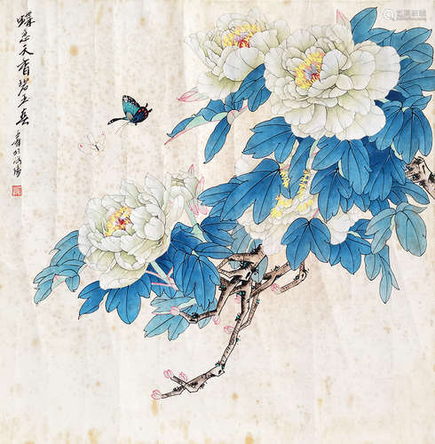 亞年  蝶戀天香 設色紙本 鏡片