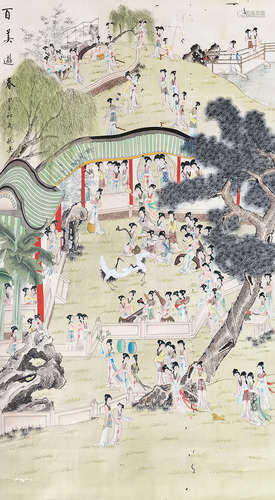 仇英(款)  百美遊春 設色絹本 立軸
