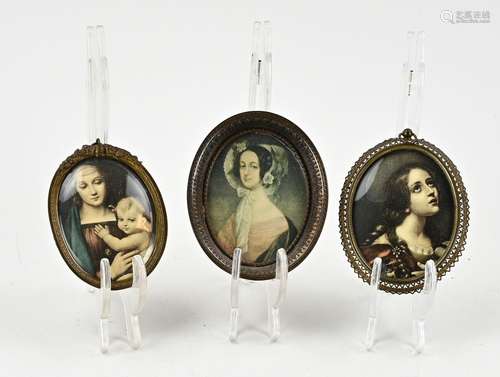 3x Brass miniature frames with reproduction