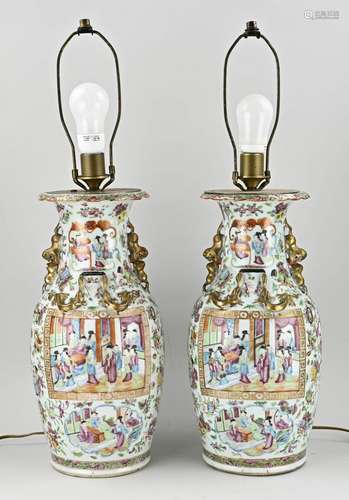 Two Chinese/Cantonese vase lamps, H 46 cm.