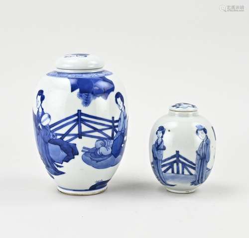 2 Chinese blue and white tea canisters