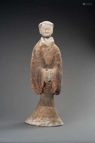 A LARGE PAINTED POTTERY FIGURE OF A COURT-LADY, HAN DYNASTY