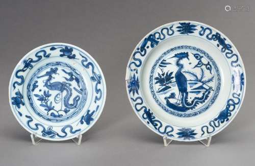 TWO BLUE AND WHITE \'PHOENIX\' DISHES, LATE MING