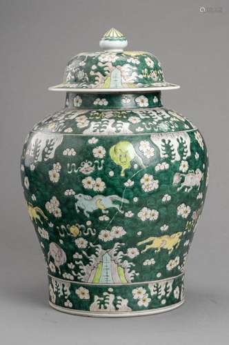 A PORCELAIN FAMILLE VERTE BALUSTER JAR AND COVER, QING