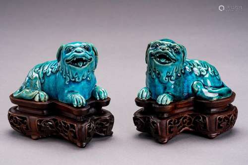 A PAIR OF TURQUOISE GLAZED PORCELAIN BUDDHIST LIONS, QING