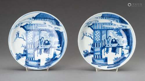 A PAIR OF BLUE AND WHITE \'PALACE GARDEN\' PORCELAIN DISHES,...