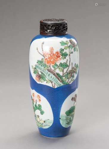 A POWDER BLUE GROUND FAMILLE VERTE OVOID VASE, LATE QING DYN...