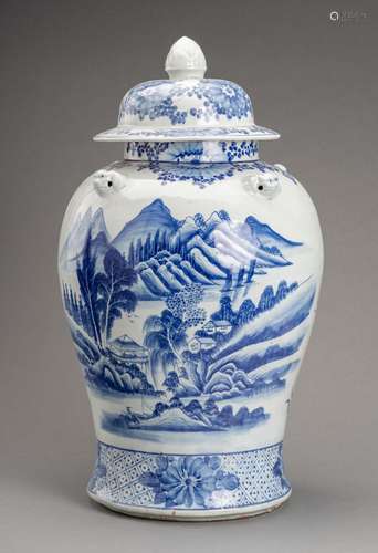 A LARGE BLUE AND WHITE PORCELAIN BALUSTER JAR AND COVER; c. ...