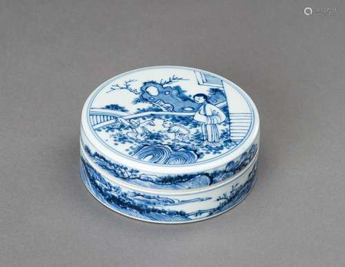 A BLUE AND WHITE \'PALACE GARDEN\' PORCELAIN BOX AND COVER, ...