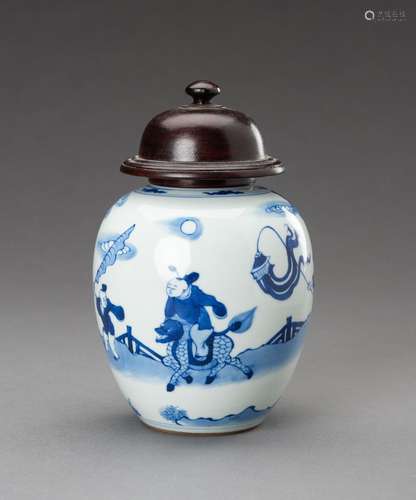 A BLUE AND WHITE \'WARRIOR RIDING A QILIN\' PORCELAIN GINGER...