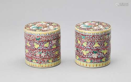 A PAIR OF THREE-TIERED ENAMELED PORCELAIN COSMETIC BOXES, RE...