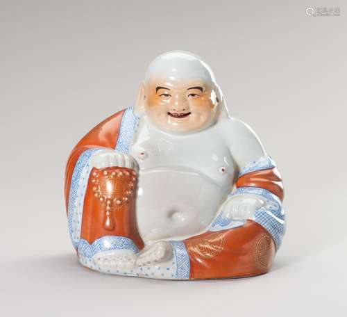 A POLYCHROME PORCELAIN FIGURE OF BUDAI