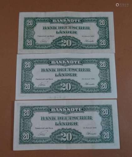 3X 20 DM SCHEINE, 1949, BANK DEUTSCHER LÄNDER