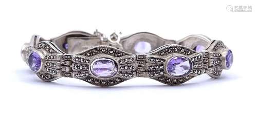 SCHÖNES SILBER ARMBAND MIT MARKASITEN UND 8 OVAL FACC. AMETH...