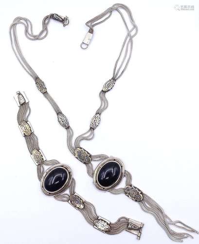 SCHMUCKSET, SILBER 0.900, ARMBAND UND KETTE, BEIDE MIT ONYX ...