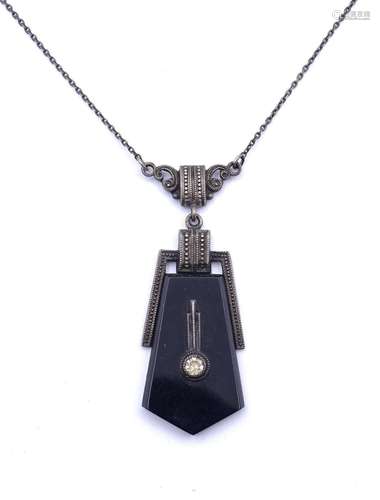 ALTES SILBER COLLIER 0.830 MIT ONYX UND STRASS, L. 53CM, 6,3...