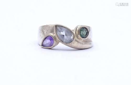 SILBER RING MIT DREI HALBEDELSTEINEN, SILBER GEPR., 3,6G., R...