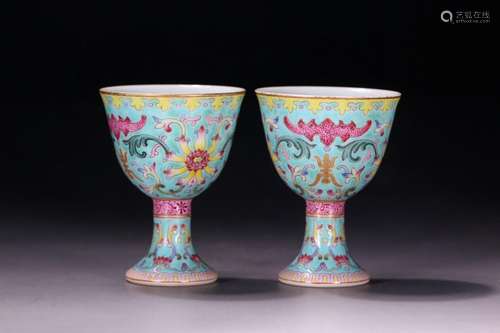 A pair of enamel colored Fushou stem cups