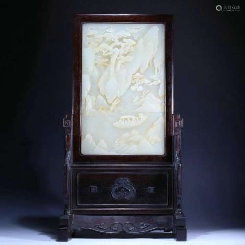 Hetian jade double-sided landscape figures with screen mahog...