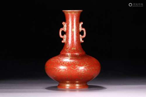 Coral red gold-painted floral amphora