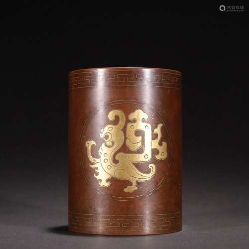 Gilt Bronze Embossed Auspicious Beast Pen Holder in Old Coll...