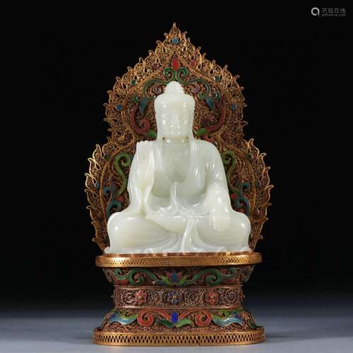 Tian Yu Silver Gilt Base White Jade Buddha Statue Ornament