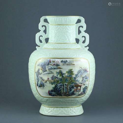 Bean Green Glaze Carved Cloud Bat Open Window Pastel Landsca...